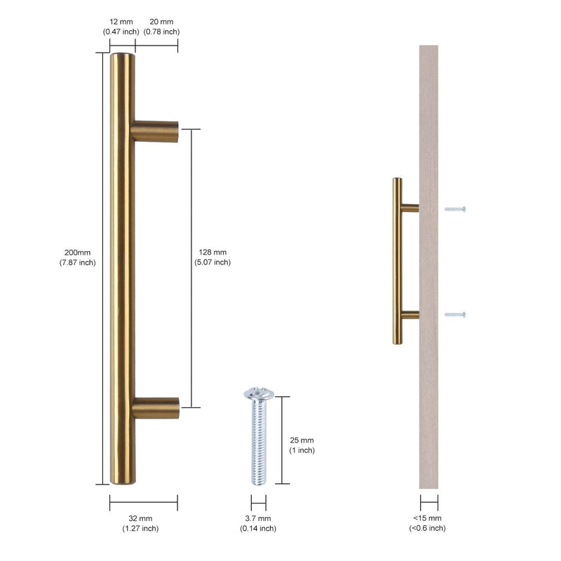10 Pack 8" Brushed Brass Cabinet Cupboard Drawer Door Handle Pull Stainless Steel T bar Drawer pulls, 6" Length, 5" Hole Center Gold