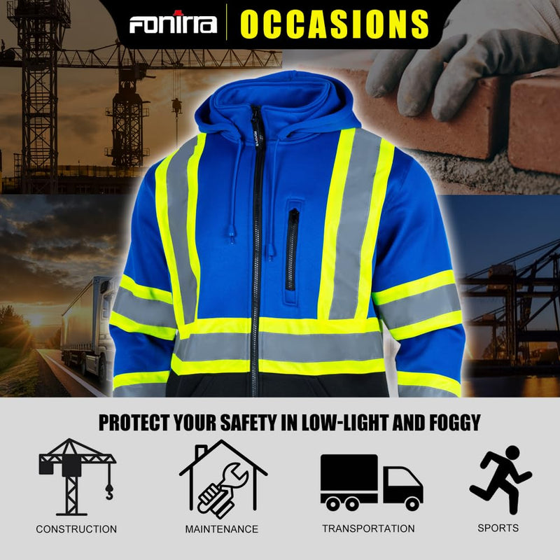 FONIRRA Hi Vis Safety Fleece Zip Hoodie for Men Reflective Sweatshirts ANSI Class 3 Jackets Detachable Hood (Blue,M) Medium Blue