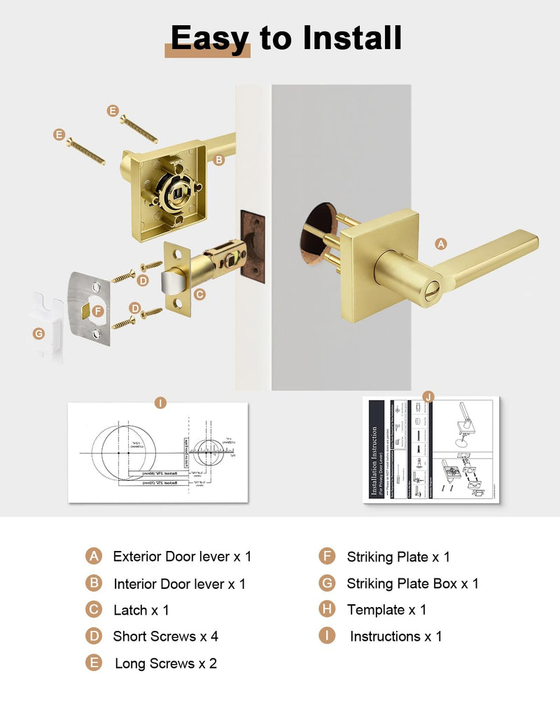 Probrico Door Handle Interior with Lock, Brushed Gold Bedroom Bathroom Lever, Heavy Duty Square Reversible for Right or Left Side Doors, 1 Pack Privacy