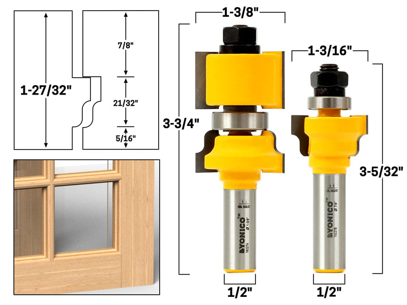 YONICO Router Bits Window Sash Set 2 Bit Ogee 1/2-Inch Shank 18227 2 Bit Window Sash Rail and Stile - 1/2" Shank