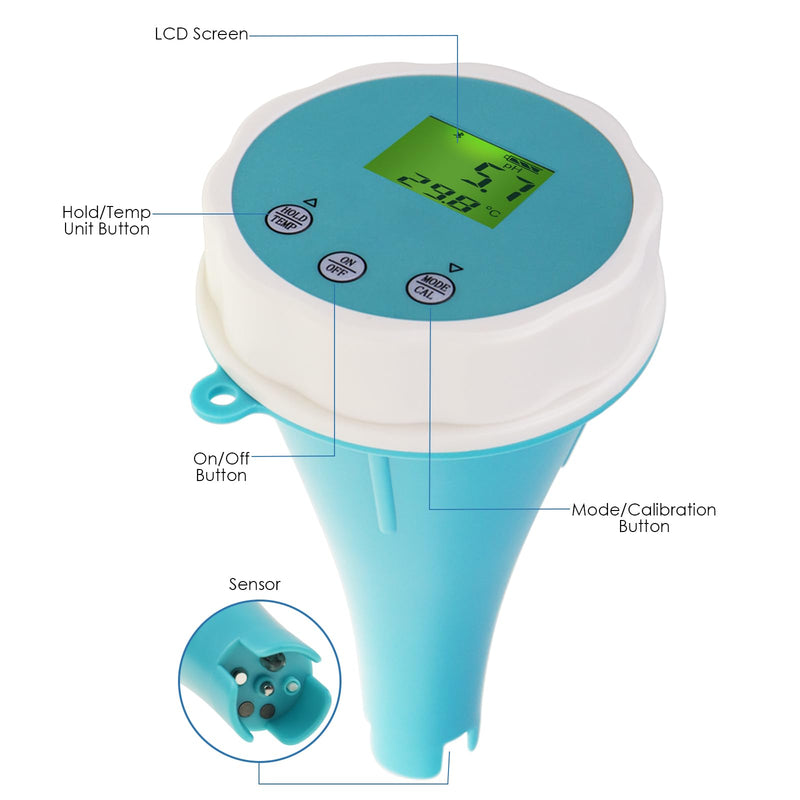 [Australia - AusPower] - Floating Smart Digital Pool Thermometer - 6-in-1 Bluetooth Water Meter, IP67 Waterproof, Tests EC, Salinity, pH, ORP, Temperature, Chlorine for Swimming Pools, Hot Tubs, Ponds 