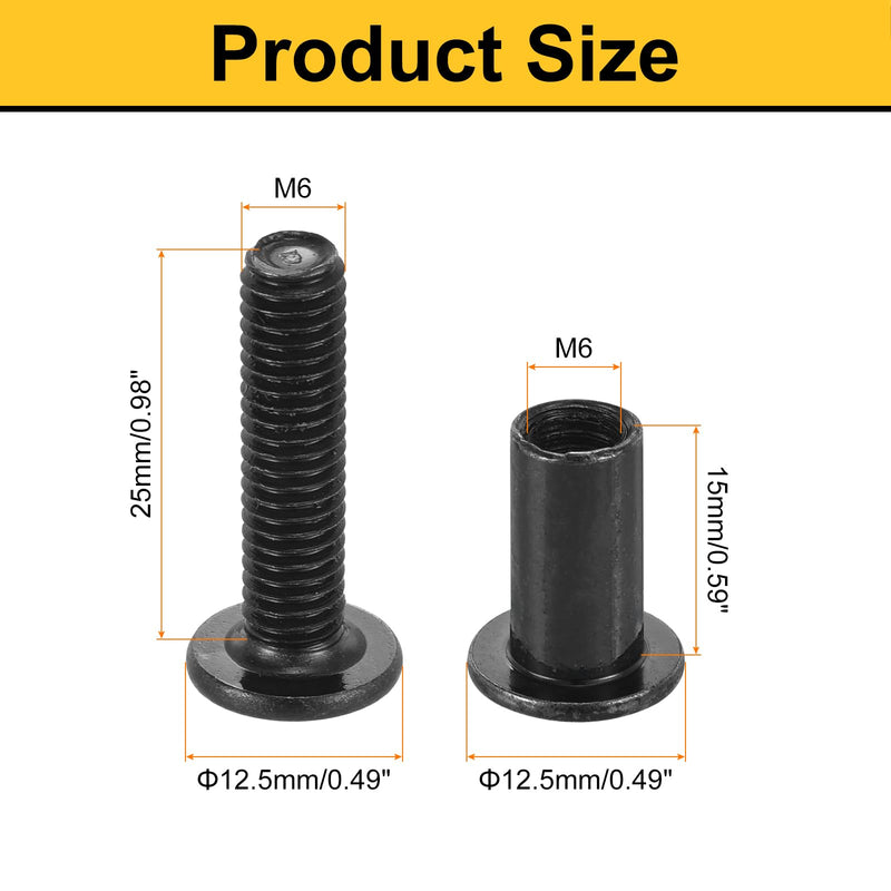 [Australia - AusPower] - uxcell 15 Sets Screw Post, Male M6x25mm Carbon Steel Screw Rivets, Female M6x15mm Hex Drive Binding Screws Belt Buckle Binding Bolts Leather Fastener with 1Pcs Wrench, Black 