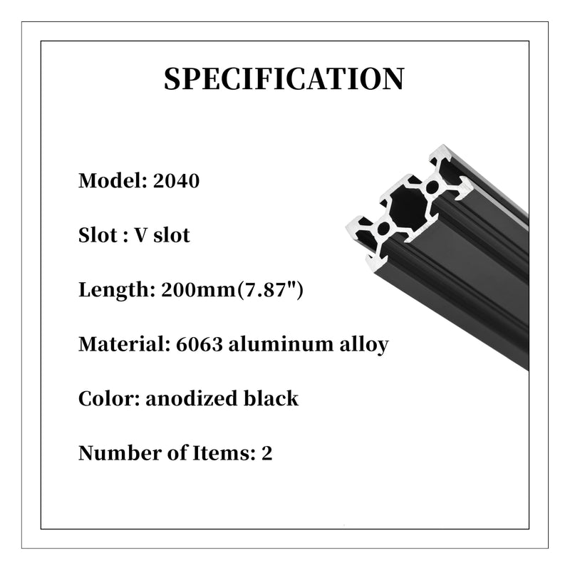 [Australia - AusPower] - 2pcs 2040 V slot Aluminum Extrusion Profile 200mm 7.874inch European Standard Anodized Extruded Linear Rail Guide Frame for 3D Printer Laser Engraving CNC Automation Equipment DIY Black BELLA BAYS 200mm (7.874") 2040 V Black 2 
