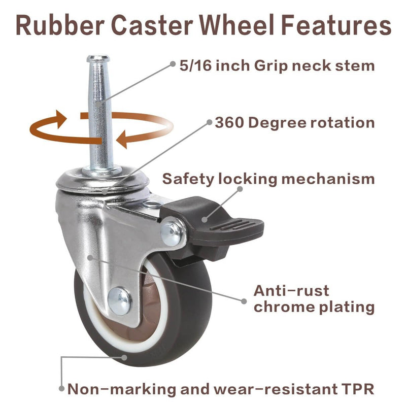 [Australia - AusPower] - JGJC 2" Caster Wheels with Brakes, Rubber Wheel Casters Set of 4 with Socket, (8×38mm) 5/16" × 1-1/2" Swivel Grip Neck Stem Casters Wheels for Furniture, Cabinet/Table, Protective Packaging Included Stem - 2 inch 
