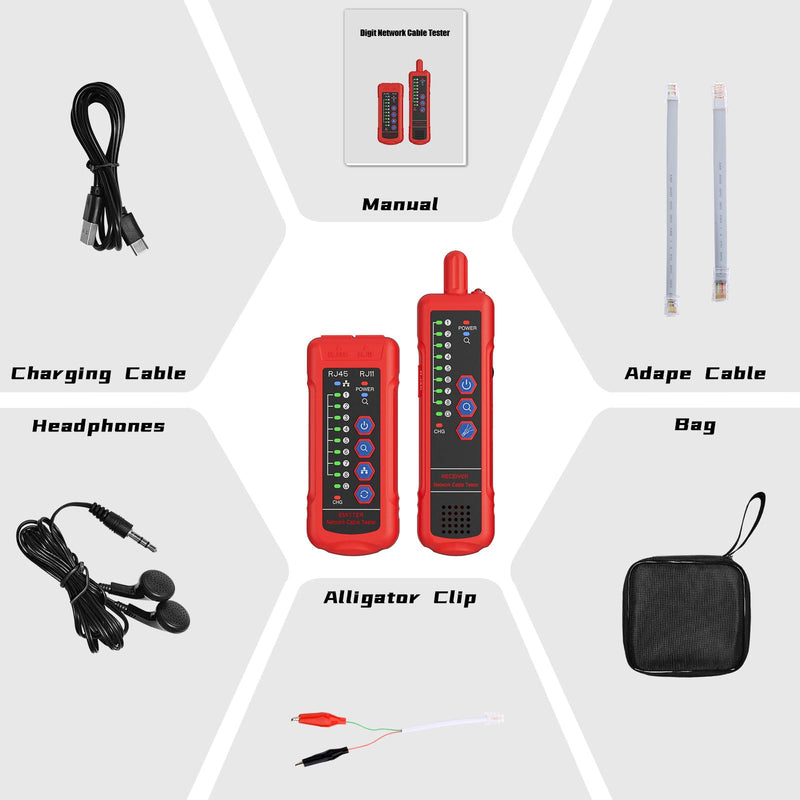 [Australia - AusPower] - Network Cable Tester RJ45 RJ11 Cable Tracker Line Finder, Ethernet Cable Tester with PoE, CAT5 CAT6 with Earphone for Cable Collation, Network Maintenance Collation, Telephone Line Test Basic 