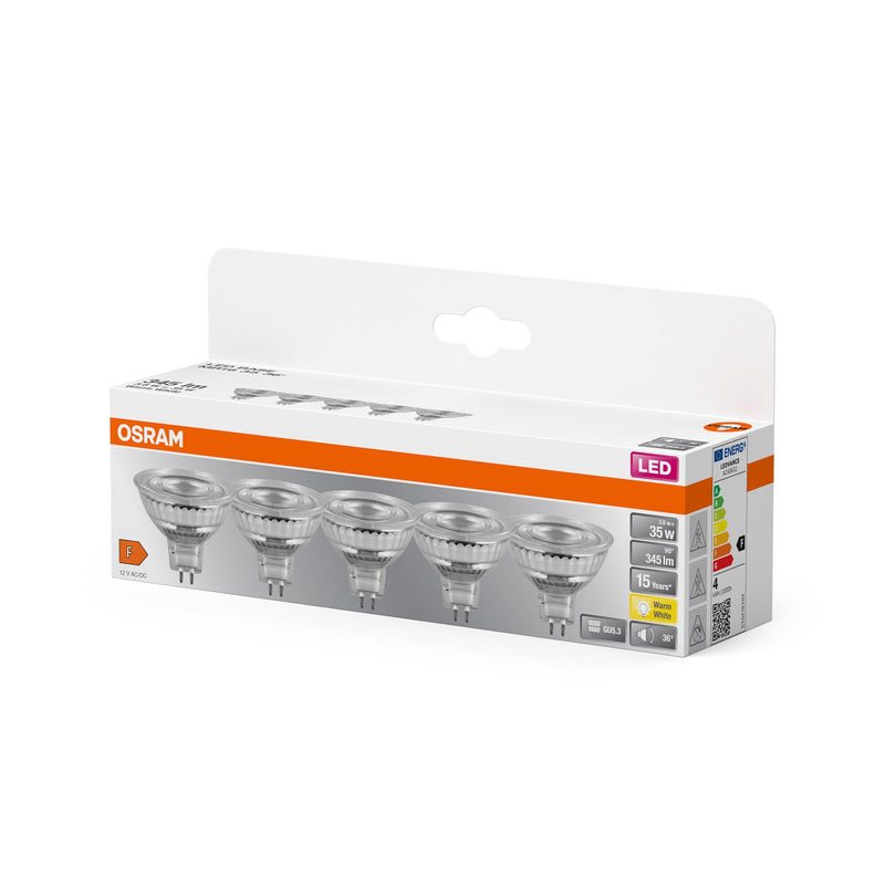 Osram LED Base MR16, Value Pack with 5 Low Voltage Bulbs, Replaces Conventional 35 W Reflector Bulbs, Warm White (2700 K), 3.8 W, GU5.3 Socket, Matte Glass, Not Dimmable 2700k Warm White 5 pieces 35W Replacement 36° beam angle