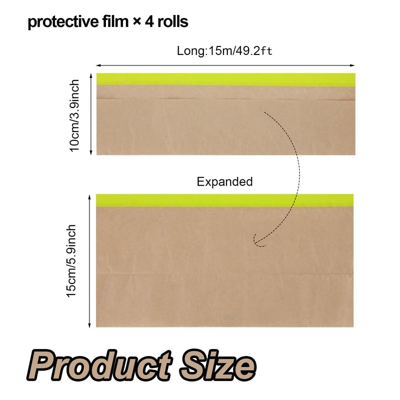 4 Rolls Pre-Taped Masking Paper for Painting, Tape and Drape Painters Paper, Paint Adhesive Protective Paper Roll for Covering Skirting, Door Frames, Cars (6 Inch x 50 Feet)
