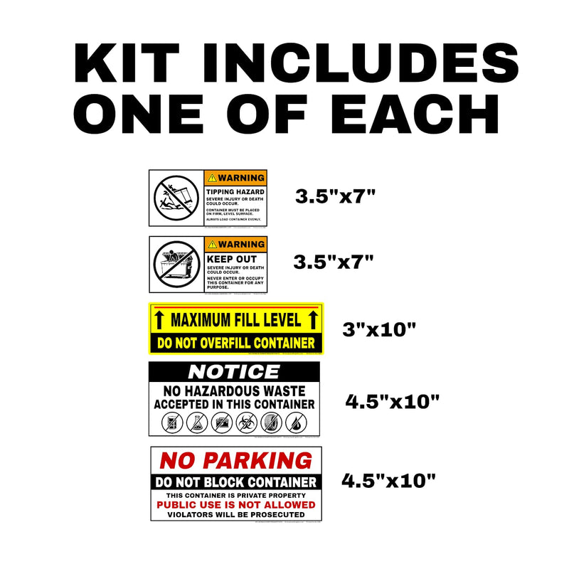 Dumpster Safety Kit Labels – 5 Pack Warning Stickers for Dumpsters & Trash Containers – No Parking, No Hazardous Waste, Max Fill Line, Keep Out, Tipping Hazard – Weatherproof Vinyl Decals