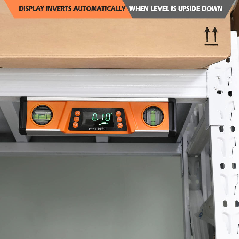 [Australia - AusPower] - 10-Inch Digital Torpedo Level and Protractor | Neodymium Magnets | Bright LED Display | V-GROOVE MAGNETIC BASE | IP54 Dust/Water Resistant smart level with Carrying Bag Orange 