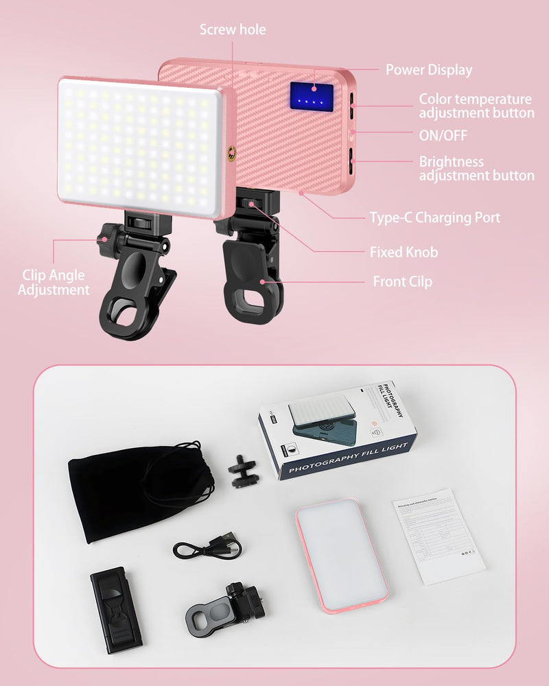 168 LED Selfie Light for iPhone, Phone Light, 3000mah Rechargeable Picture Light Clip Portable Lights for Phone, Camera, Laptop, iPad, 3 Lights Modes for Makeup, Video Conference, TikTok, Vlog (Pink) Pink