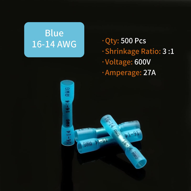 16-14 AWG Heat Shrink Butt Connectors - 500Pcs Blue Insulated Waterproof Electrical Marine Automotive Wire Splice Connector Crimp Wiring Terminals AWG 16-14 [500PCS]
