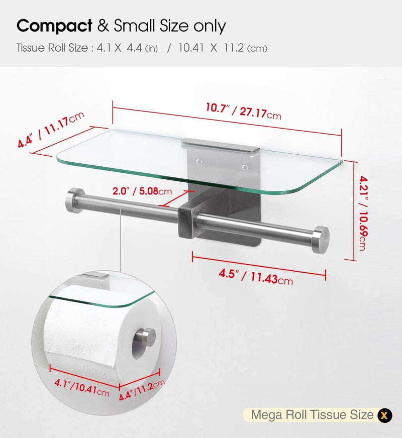 JackCubeDesign Double Toilet Paper Holder with Glass Shelf, Wall Mount Stainless Steel Dual Tissue Dispenser Holders for Bathroom (Glass Type2) - MK428D Glass Type2