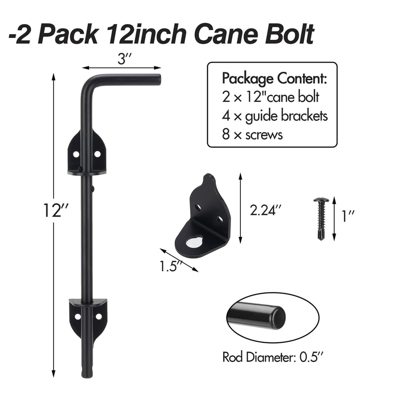 12 Inch Cane Bolt Gate Drop Rod, Heavy Duty Gate Latch, Cane Bolts for Wood Vinyl Metal Fences Gates-(Black Finish,2 Pack) 12 Inch 2 Pcs