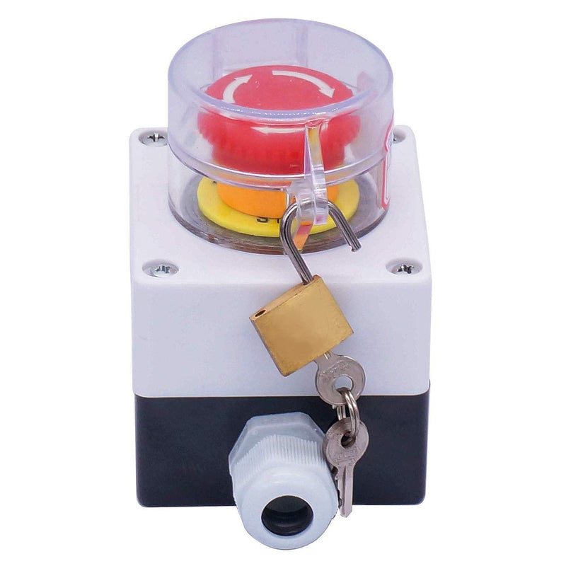 Taiss / 22mm 2 NC Red Mushroom Latching Action Emergency Stop Push Button Switch Cover Station 10A 440V Stop Switch Box with Key Lock LA38A-02ZS/BOX-ZS