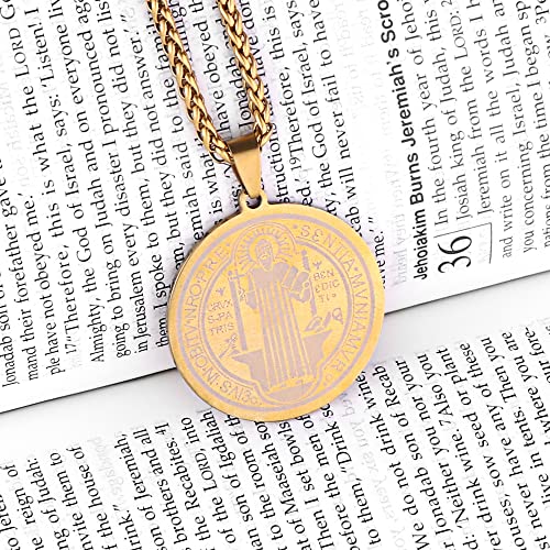 St Saint Benedict Medal Necklace, St Benedict's Medal Stainless Steel Necklace Gold