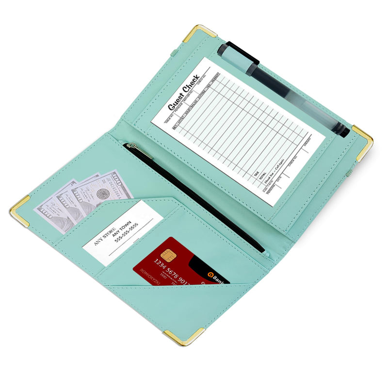 [Australia - AusPower] - Server Book, Cutaswish Server Books for Waitress Cute, Waiter Receipt Book, PU Leather Waitress Book with Zipper Pocket, Waitress Accessories(Marble Green) F 