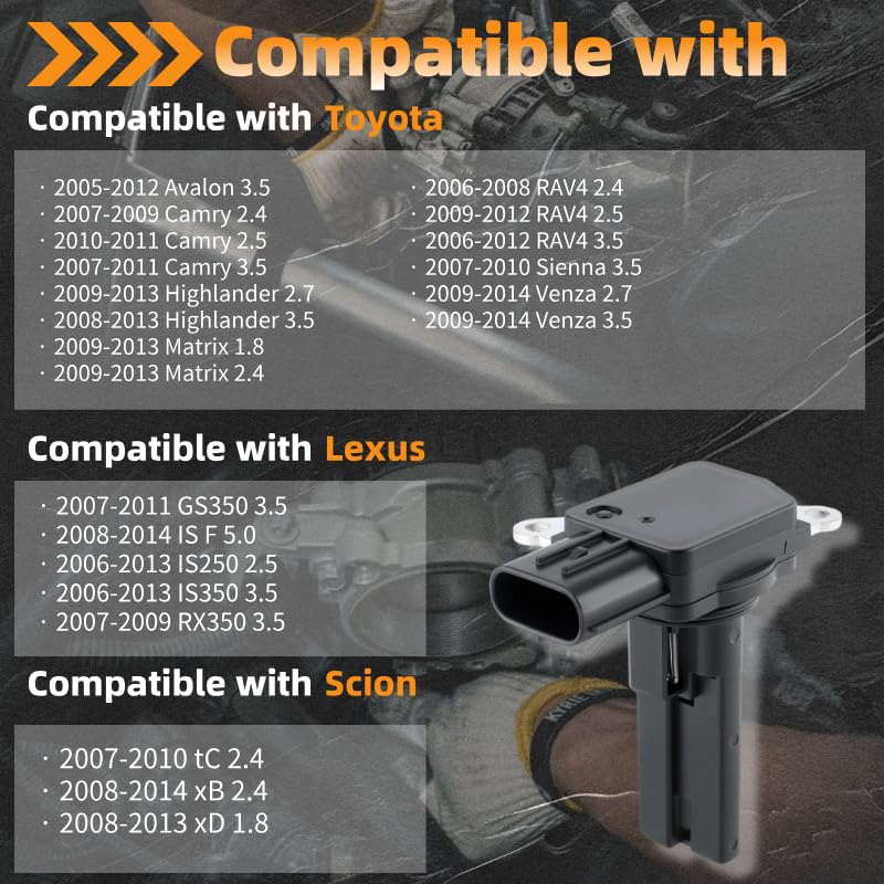 MAF Sensor Mass Air Flow Meter 22204-0H010 for Toyota Camry, RAV4, Highlander, Venza, Sienna & Lexus IS250 IS350 RX350, Scion tC xB xD - Replacement for 22204-31020 22204-31010, Fits 2.4L 2.5L 3.5L