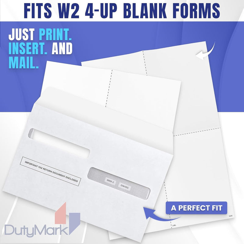 50 W2 Envelopes, for 4-Up Style W-2 Forms, Double Window, Security, Self Seal Envelope, W-2 Tax Form Envelopes 50 Pack