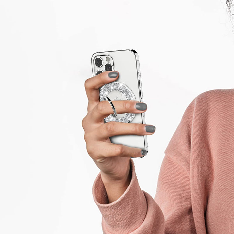 [Australia - AusPower] - Magnetic Phone Ring Holder for magsafe, Glitter Magnetic Grip Compatible with iPhone 15 14 13 12 Pro max,Pro,Plus,Mini Mag Safe Accessories,Adjustable Kickstand Wireless Charging,Silver Glitter Silver 