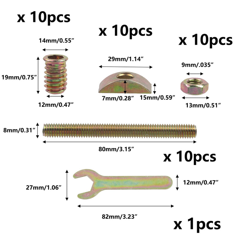 [Australia - AusPower] - Semetall 10 Sets Bed Frame Hardware Connector Kit,M8x80mm Countertop Connector Bolts,Table Top Fasteners,Bed Assembly Fasteners Bolts Nuts Threads Half Moon Spacers M8×80mm 