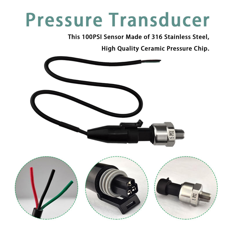 [Australia - AusPower] - Pressure Transducer Sender Sensor with Connector, 1/8" NPT Thread Stainless Steel Fuel Pressure Sensor for Oil Fuel Air Water (5 PSI) 5 PSI 