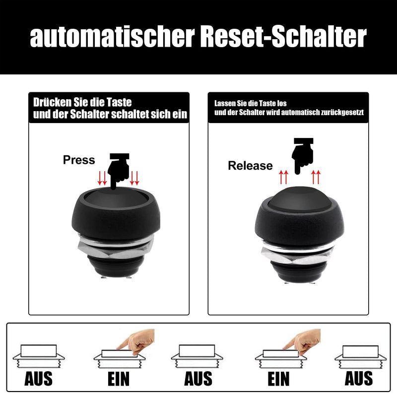 Powice 2 x 12 mm Waterproof Ball Head Switch Round with Screw Feet, Metal Push Switch, Momentary Button Switch 3A/6V/12V/36V, Suitable for Horns, Car Bells, Cars etc. (Protruding) Black Black with pins