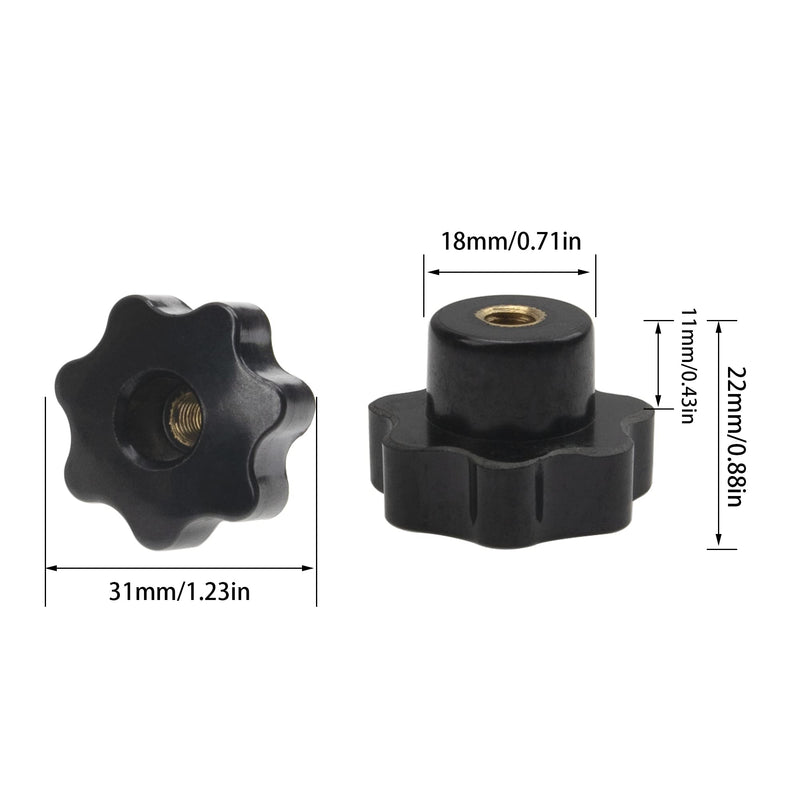 [Australia - AusPower] - 8 Sets M6 7 Star Through Hole Knob Nut Screw Clamping Knurled Threaded Knob Assortment Kit, Black Nylon Star Shape Hand Knobs 