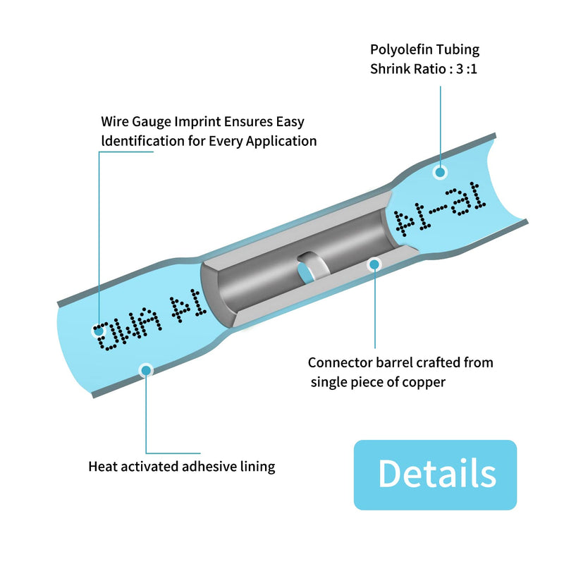 16-14 AWG Heat Shrink Butt Connectors - 100Pcs Blue Insulated Waterproof Electrical Marine Automotive Wire Splice Connector Crimp Wiring Terminals AWG 16-14