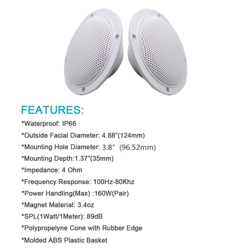 Herdio 4 Inches Waterproof Marine Ceiling Speakers with 160 Watts Power, Handling for Kitchen Bathroom Boat Car RV Camper Motorcycle Cloth Surround and Low Profile Design - 1 Pair (White) White