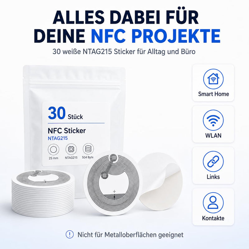 NFC Tag Stickers NTAG215 25 mm White with 504 Byte Memory Pack of 30 | Programmable NFC Sticker, Rewritable Chip Sticker for iPhone Android Smart Home WiFi 215