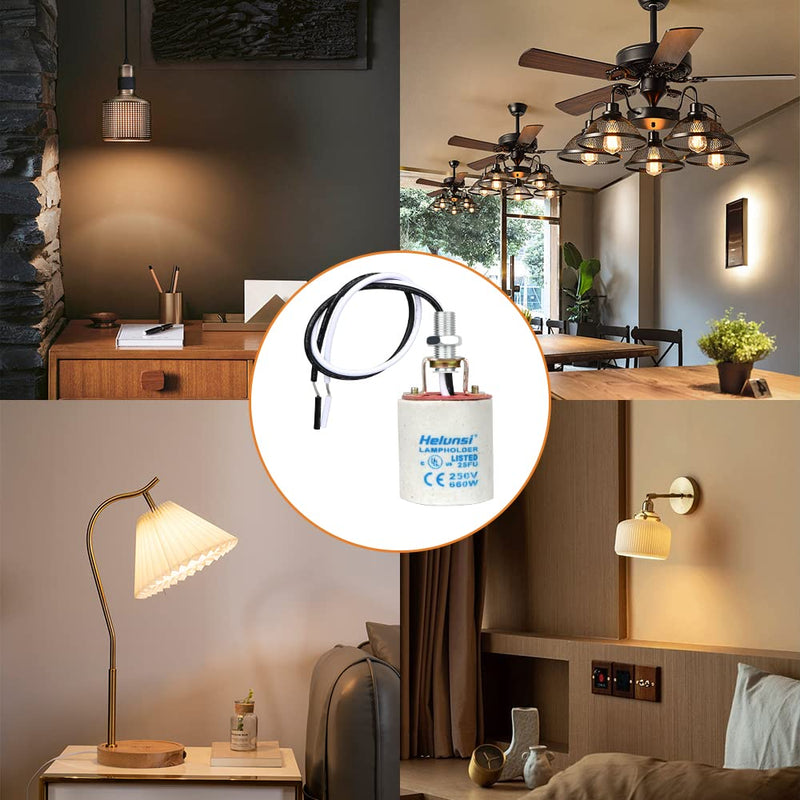 [Australia - AusPower] - E26 E27 Ceramic Light Socket, Helunsi Medium Base Porcelain Lamp Holder, Ceramic Light Bulb Socket with 12" Wire Lead, Medium Base Lampholder for Incandescent Led Light Bulbs Replacement (Pack of 4) Conventional Ceramic 