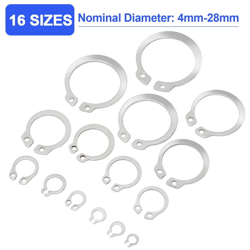 Snap Rings Assortment Kit, 335PCS External Retaining Rings Snap Ring Set, 15 Sizes C Clips Retainer Rings Set, External Circlip Snap Rings Set Silver-335PCS