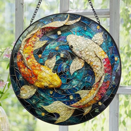 Dreamy Fish Pisces Zodiac Suncatcher -7.9 in Stained Glass Window Hanging Sun Catcher Garden Decor White