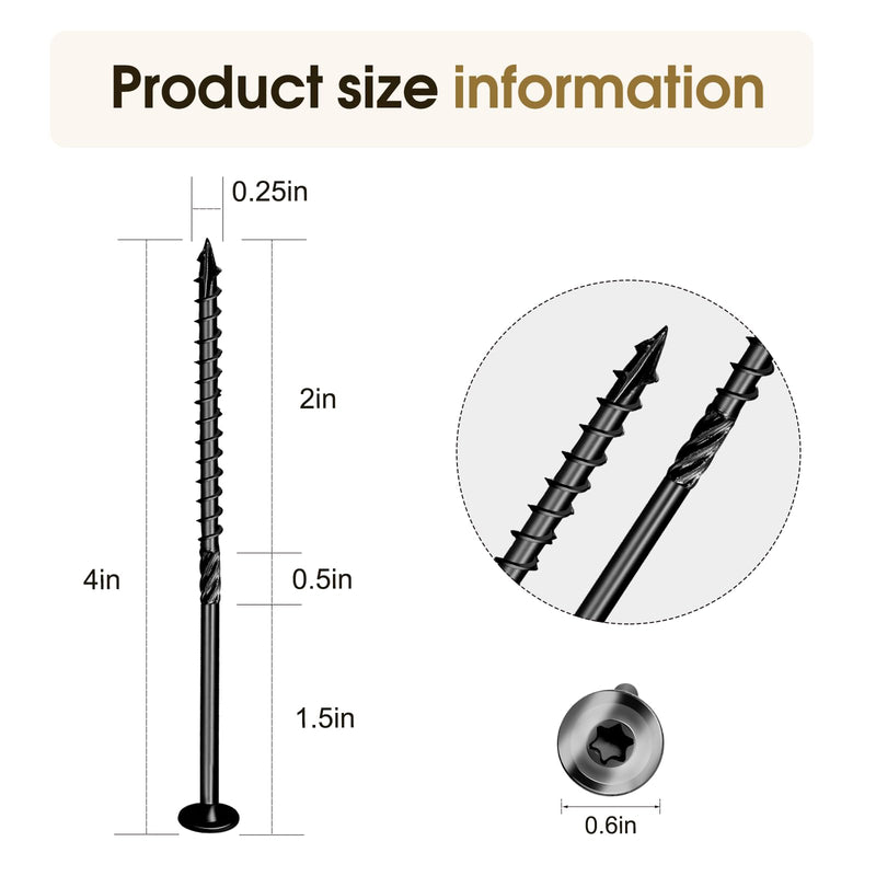 Lag Screws 3 Inch, Structural Wood Screw #10x 3, 50-PCS Heavy Duty Construction Screw, Rust Resistant, Washer Head, Black Coated Exterior Wood (100, Black, #14 x 4) #14 x 4" 100