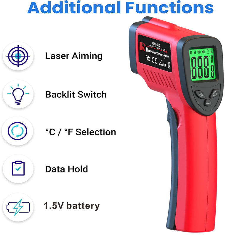[Australia - AusPower] - Digital Infrared Thermometer, Laser Temperature Gun -58℉～1022℉(-50℃～550℃) IR Thermometer Gun with Adjustable Emissivity, Temp Gun Thermometer for Cooking, BBQ, Oven & Engine (Not for Human Body Temp) GM-550 Red 