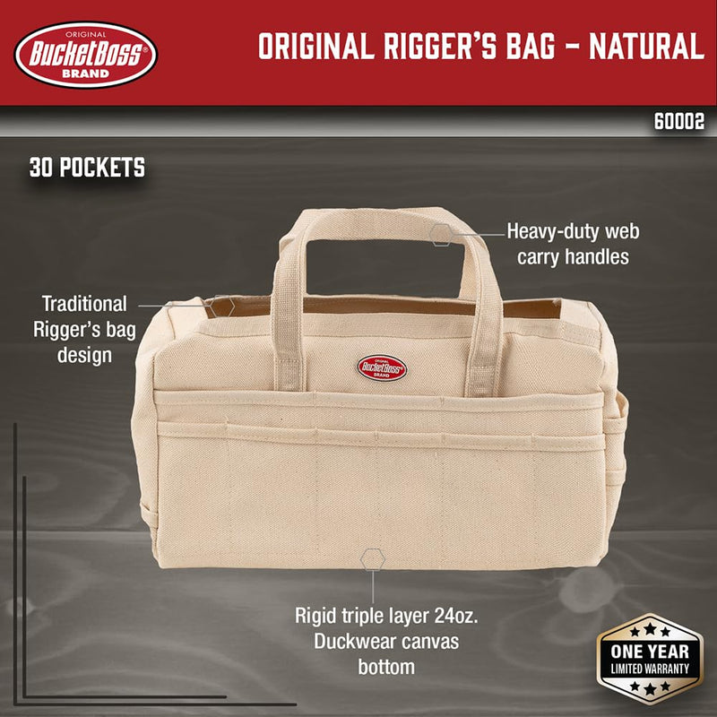 Bucket Boss - Original Rigger’s Bag - Natural, Tool Bags - Original Series (60002) , Beige 17 x 6 x 10.5 inches Solid Black