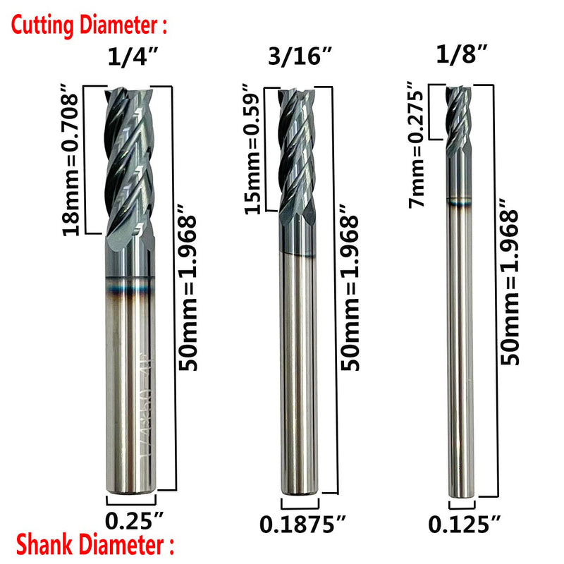 [Australia - AusPower] - 6pcs 1/2 inch 3/8 inch 5/16 inch 1/4 inch 3/16 inch 1/8 inch Carbide Square End Mill, HRC 45 Deg Single End 4 Flute AlTiN Coating Mill Bits (6pcs End Mill Set), Silver 