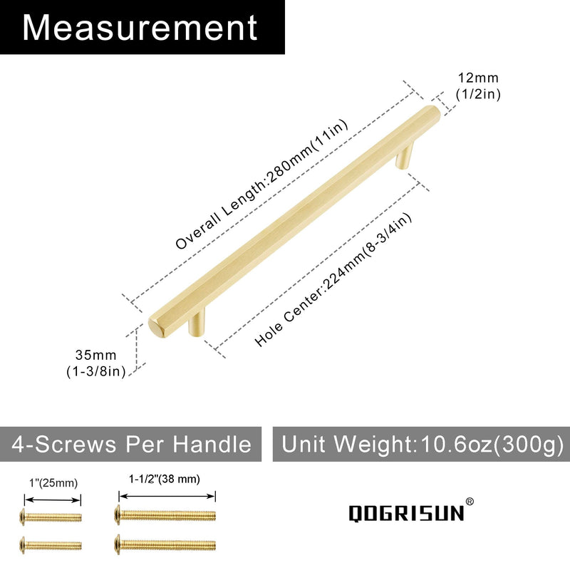 QOGRISUN 2-Pack Solid Brass Cabinet Pulls Hexagon Drawer Handles,8-3/4-Inch Hole Center, Suitable for Kitchen Bathroom Dresser Cupboard Hardware, 11-Inch Total Length, Brushed Finish 8-3/4-Inch (224mm) Hole Centers