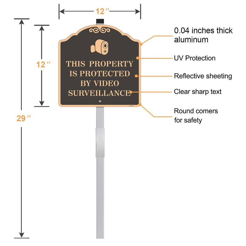 Large (2 Pack) 12X12 Inch Video Surveillance Yard Sign, Reflective, Aluminum, Metal, Weatherproof Up to 7 Years Outdoor, Includes Stakes for Easy Mounting