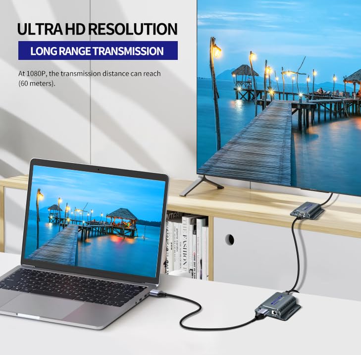 HDMI Extender Over Ethernet, HDMI Over cat6/cat5e, 1080P@60Hz up to 200FT HDMI to RJ45 Converter with POC & EDID Copy,by UTP Cat5e/6/7 OFC Cable, Plug and Play with 5V Power Adapter HD EXTENDER 60M