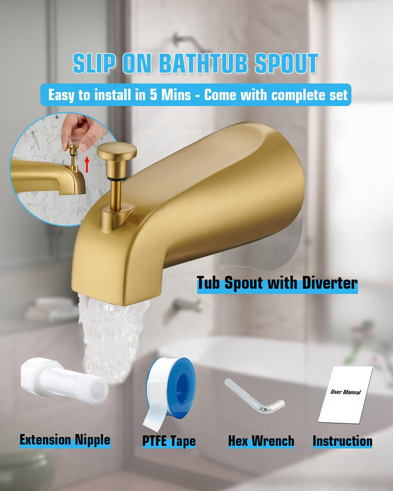 Tub Spout with Diverter, Slip On Bathtub Spout Fits 1/2'' Copper Tube(5/8'' Dia), Bathroom Tub Faucet with PTFE Tape & Hex Wrench, Brushed Gold