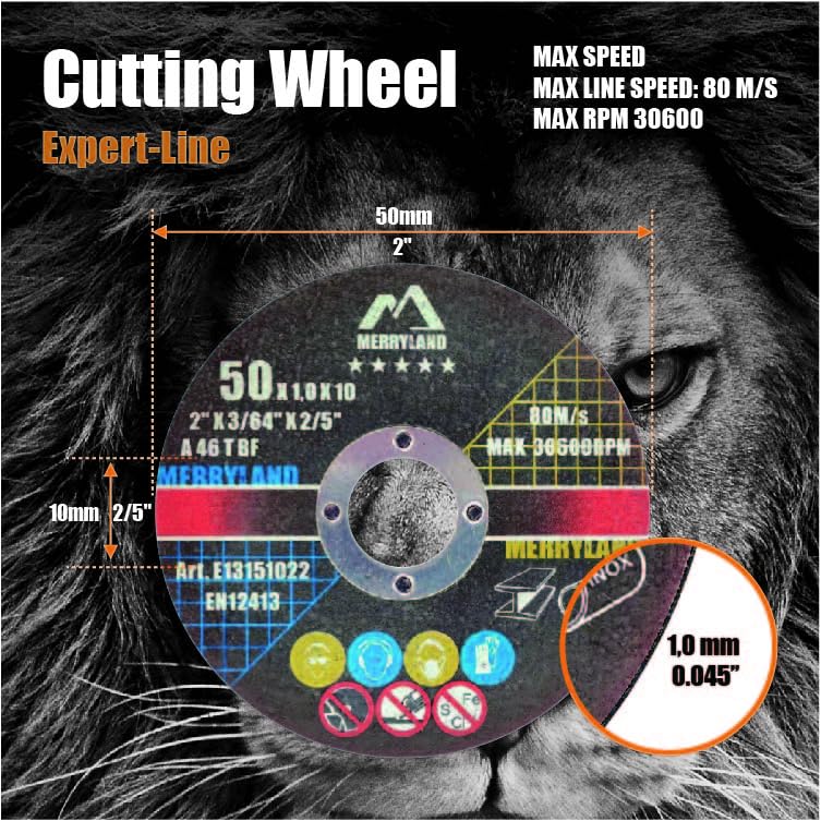 Merryland 10 Pieces Cutting Disc 50 x 1.0 Metal Steel Stainless Steel | 50 mm angle grinder, 50 x 1.0 x 10 mm thin flex disc straight, expert line E13151022-10 50 x 1.0 all metals, 10 pieces