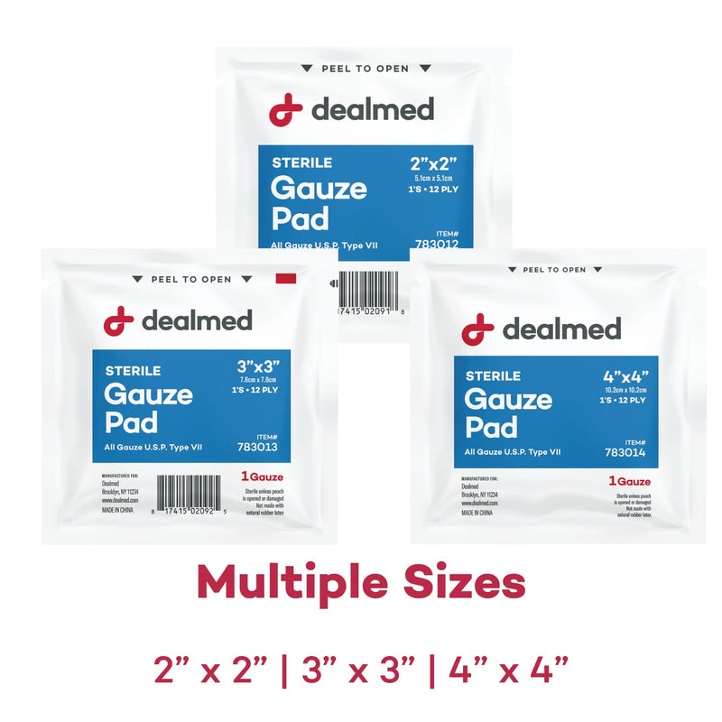 [Australia - AusPower] - Dealmed Sterile Gauze Pads  100 Count, 2 x 2 Disposable and Individually Wrapped Gauze Pads, Wound Care Product for First Aid Kit and Medical Facilities 2x2 Inch (Pack of 100) 