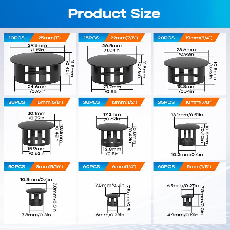 [Australia - AusPower] - 305Pcs Plastic Plug for Round Holes 9 Sizes Nylon Plastic Hole Plugs 1/5" 1/4" 5/16" 3/8" 1/2" 5/8" 3/4" 7/8" 1" for Furniture Cabinet Distribution Box 