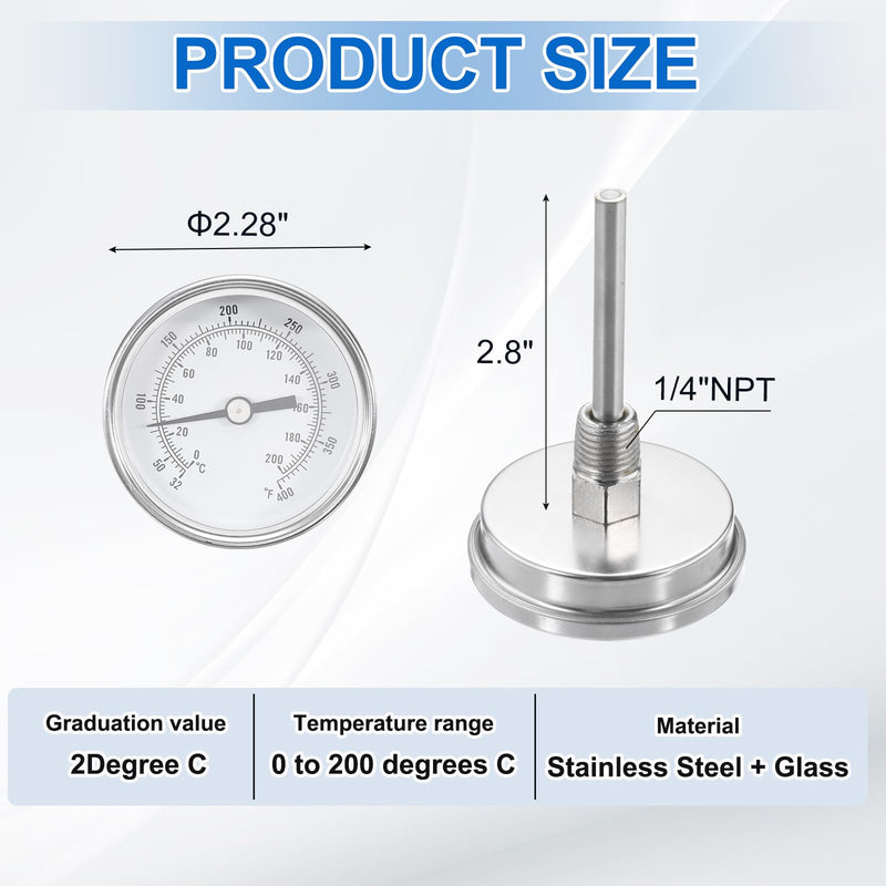 [Australia - AusPower] - MECCANIXITY Bimetal Thermometer with 2.75in Stainless Steel Stem & 2.28in Dial, 0-200°C Temperature Range, Shatterproof Glass Lens - Industrial Grade 1 