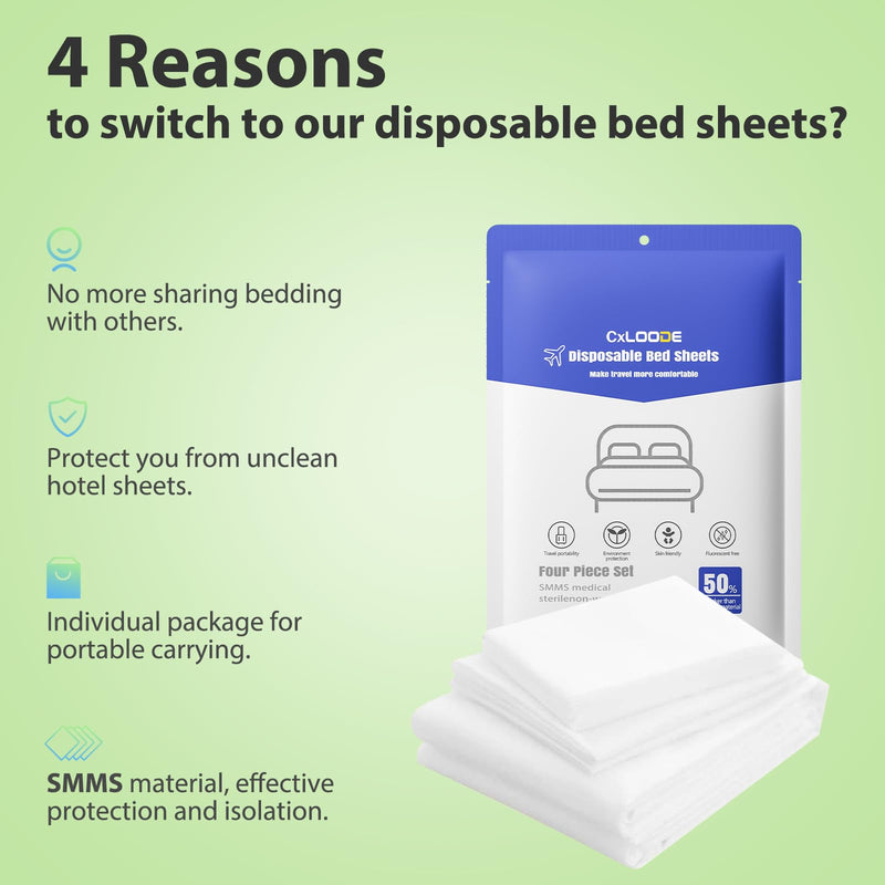 [Australia - AusPower] - 4 PCS Disposable Bed Sheet Queen Size, Travel Sheet for Hotel, Disposable Sheet for Travel Bedding Cover Portable Sheet with 1 Quilt Cover, 1 Sheet and 2 Pillowcase for Travel Business Trip Spa Hotel 