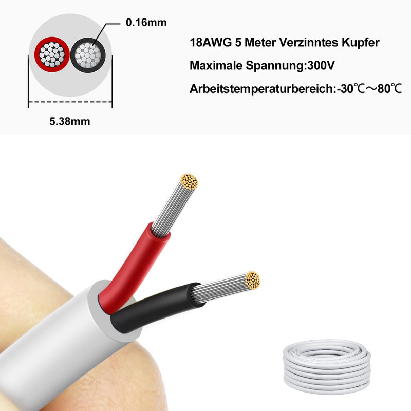 [Australia - AusPower] - 5 Metres 18AWG 2 x 0.75 mm² Electric Cable, 2 Core Cable 5V/12V/24V/300V White Tinned Copper Cable, Flexible and Soft, Low Impedance, High Temperature Resistance Extension Cable 5 metres 18AWG-2C (2 x 0.75 mm²) 