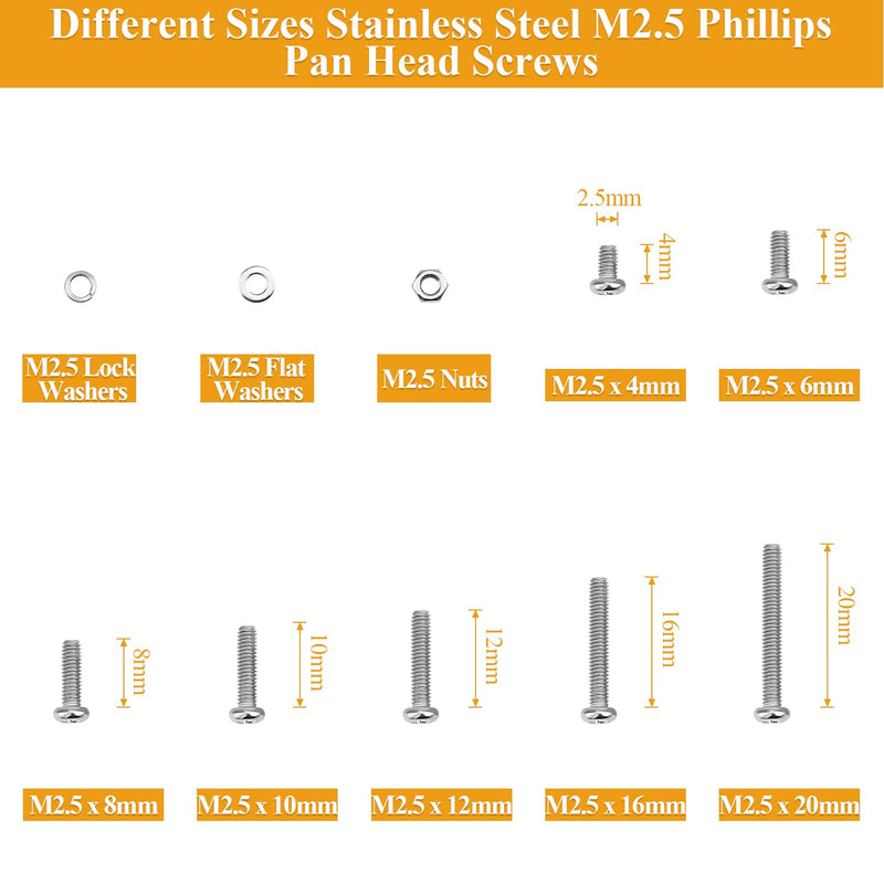 [Australia - AusPower] - 565 Pieces M2.5 Machine Screws Nuts Washers Set, Sutemribor M2.5 x 4/6/8/10/12/16/20mm Phillips Pan Head Machine Screws Nuts Washers Assortment Kit, 304 Stainless Steel, Fully Threaded 