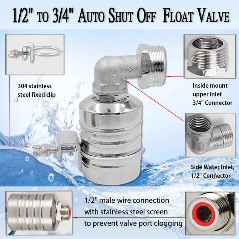 [Australia - AusPower] - Float Valve,1/2" to 3/4'' Water Float Valve, 304 Stainless Steel Fully Automatic Water Level Control Float Valve, Automatic Water Level Controller for Water Tank, Pool, Water Tank, Livestock Troughs. 