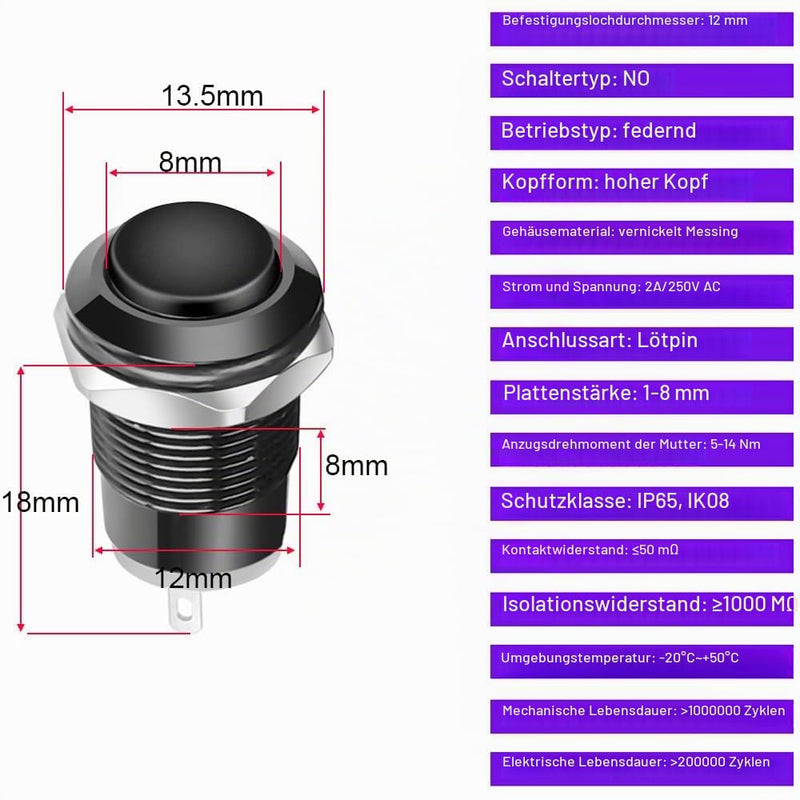 Gebildet Pack of 6 12 mm Momentary Push Buttons, Raised Head Cable, Aluminum Alloy, 1NO, 12V 24V 36V 110V 250V, Waterproof IP65 without LED (Black Housing) Black (12 mm)